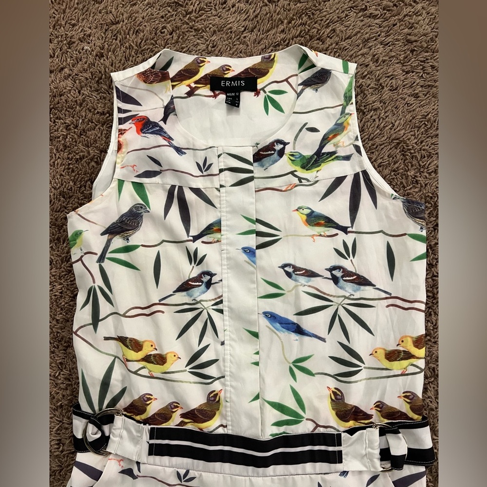 Designer unique boutique ERMIS sleeveless jumpsuit ROMPER birds bees floral Lg - Picture 4 of 7